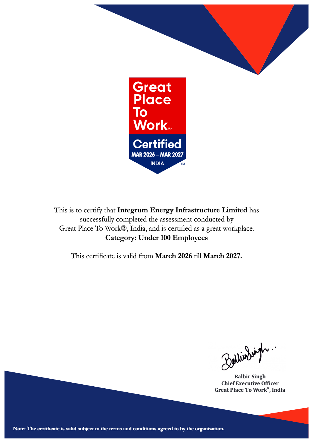 Great Place to Work Certified certificate for Integrum Energy Infrastructure Limited, valid March 2026 to March 2027