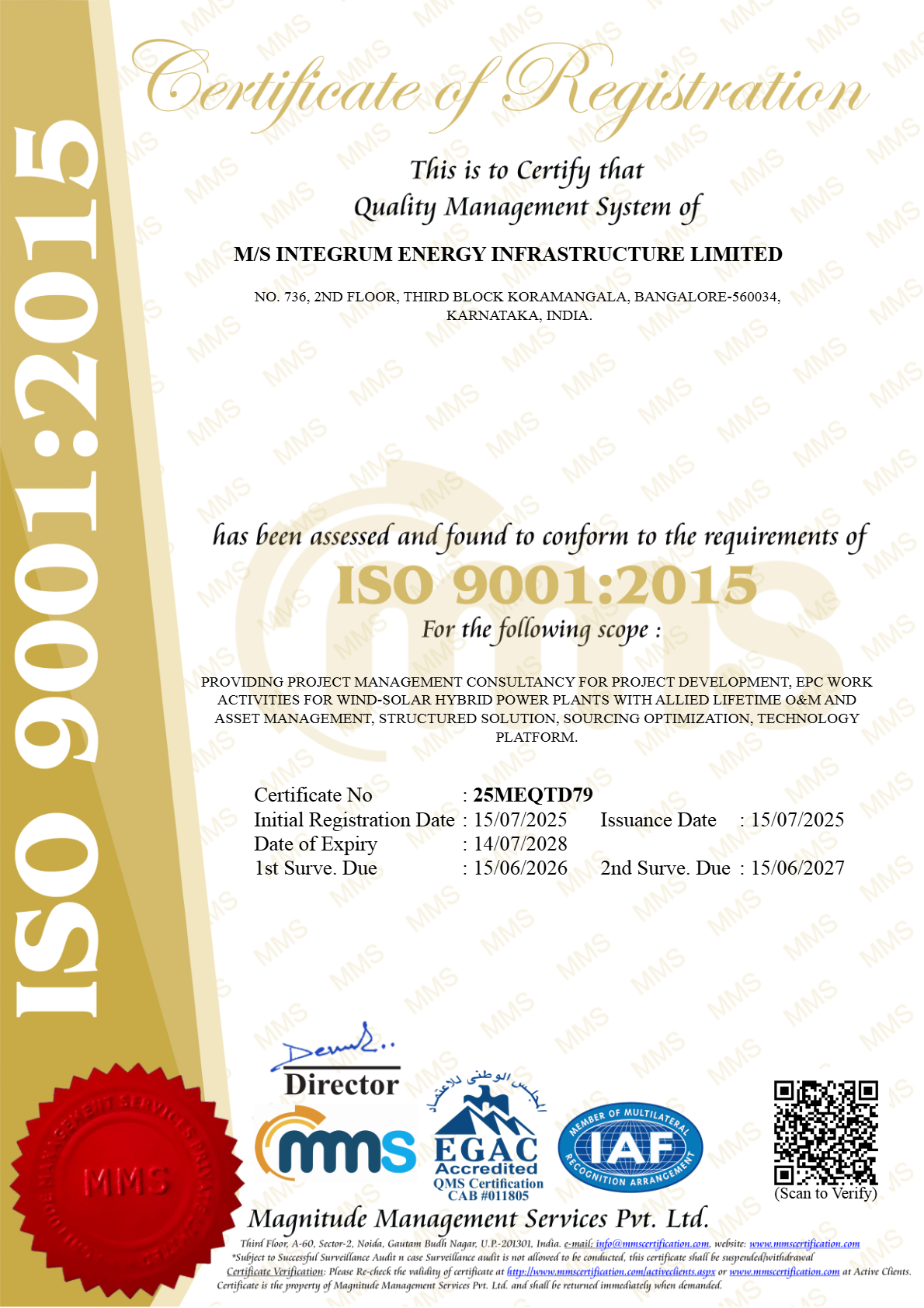 ISO 9001:2015 quality management system certificate for Integrum Energy Infrastructure Limited